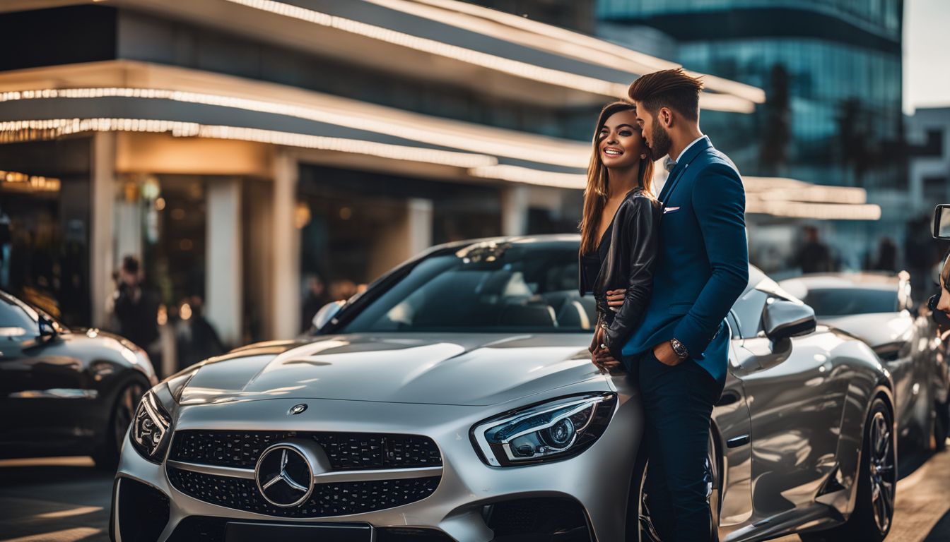 A happy customer poses with a luxury car outside a dealership, surrounded by a bustling cityscape.