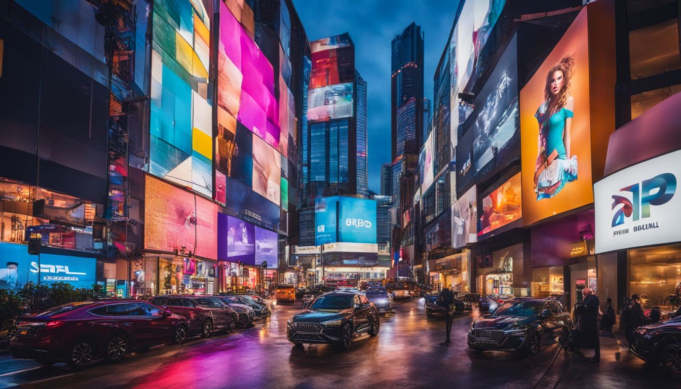A vibrant cityscape with a digital billboard advertising a car dealership captures a bustling atmosphere.