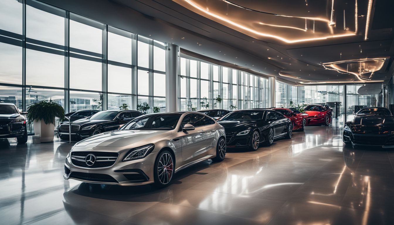 A modern car showroom featuring a variety of vehicles and a bustling atmosphere.