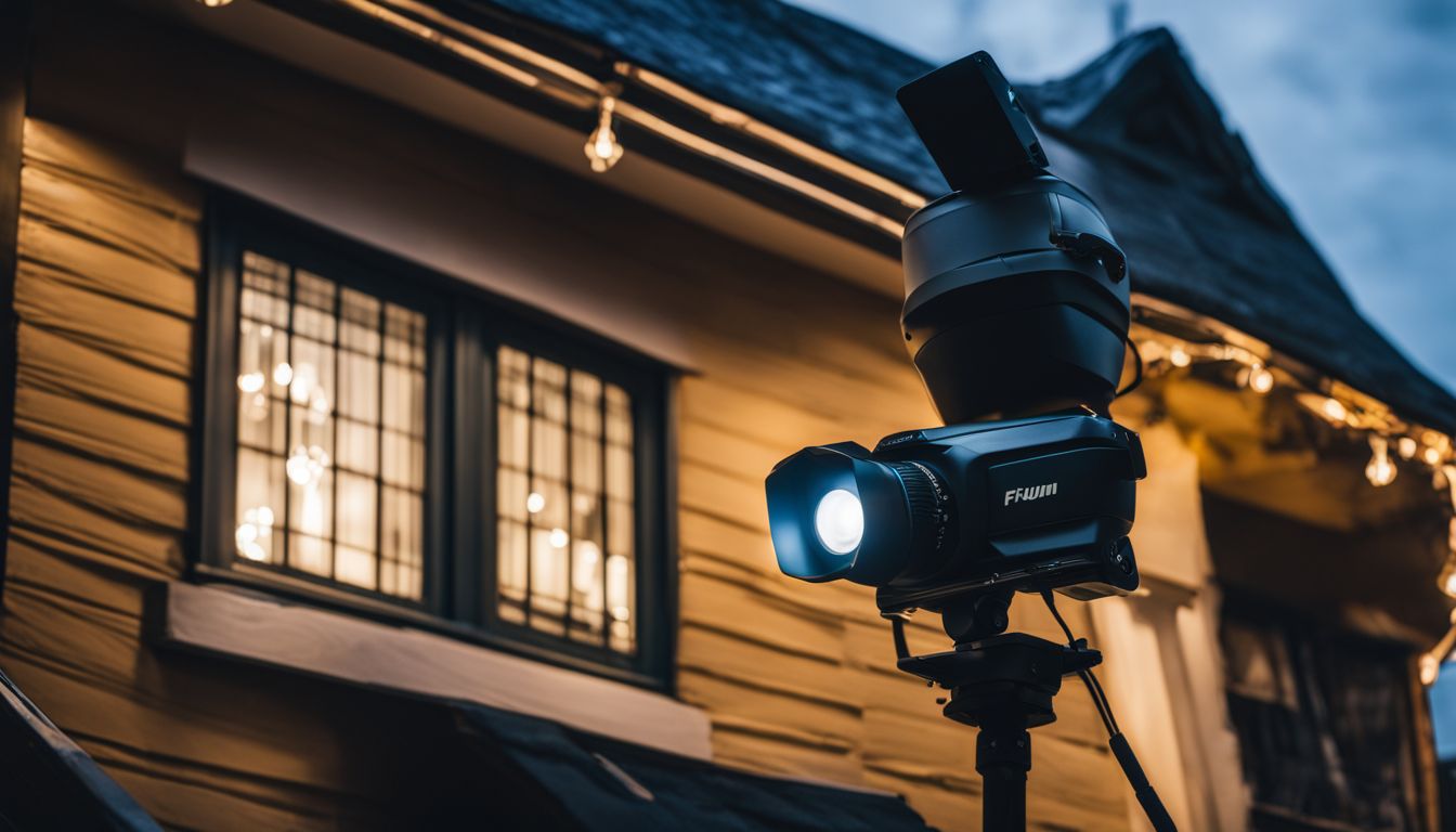A floodlight camera captures a well-lit cityscape at night.