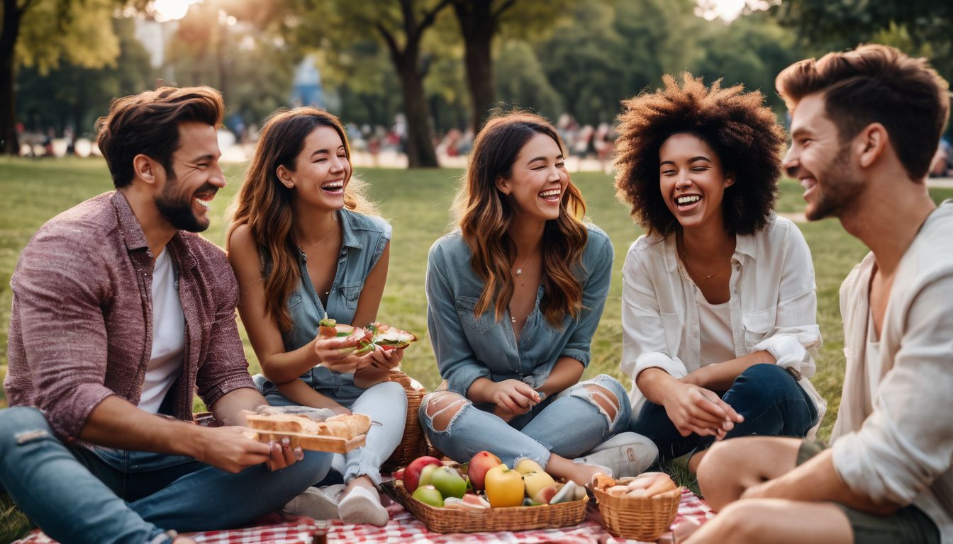 A diverse group of friends are enjoying a picnic in a park, captured with a high-quality camera.