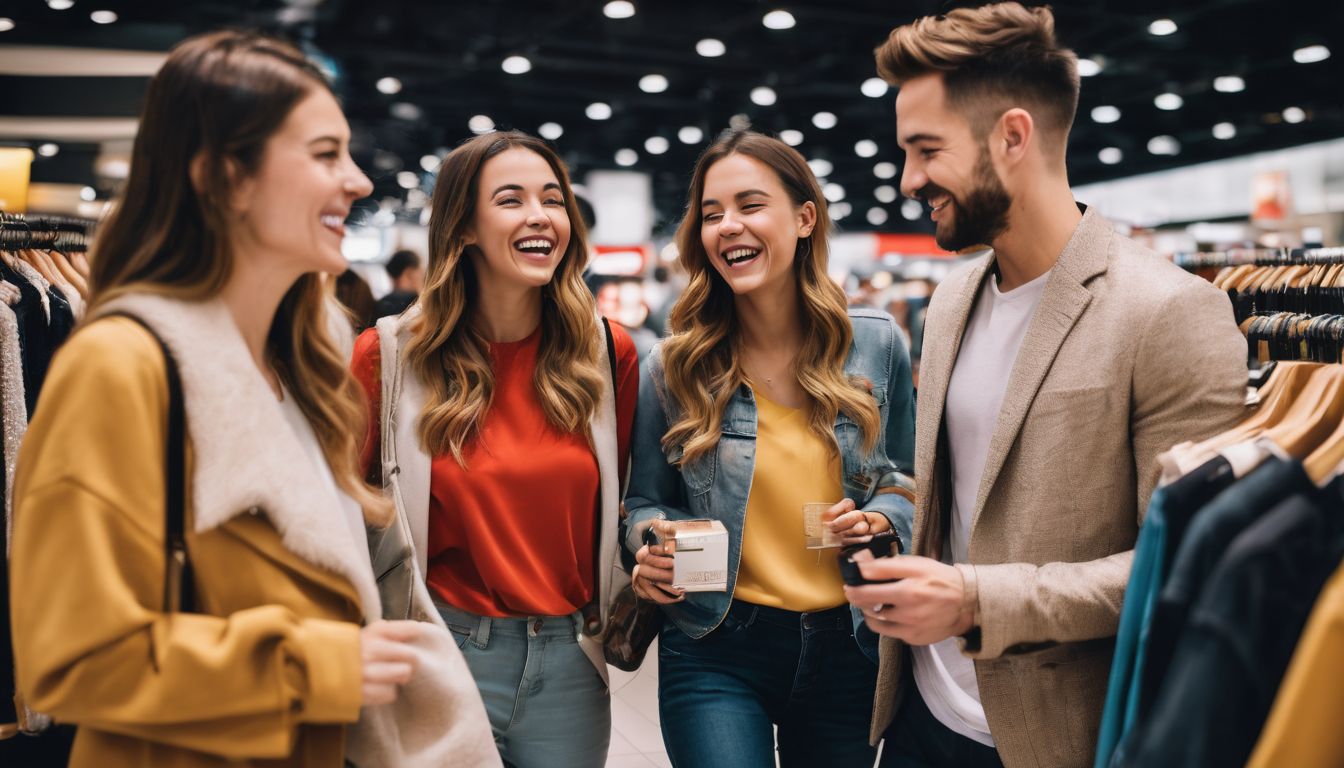 A group of diverse friends enjoy shopping together at Anchorpoint Shopping Centre, captured in a vibrant and lively photograph.