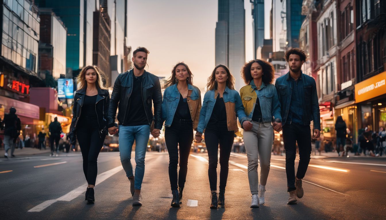 A diverse group of individuals holding hands in unity amidst a vibrant cityscape.