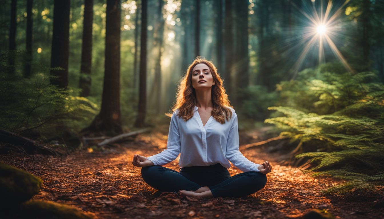 A woman meditating in a serene forest surrounded by colorful rays.