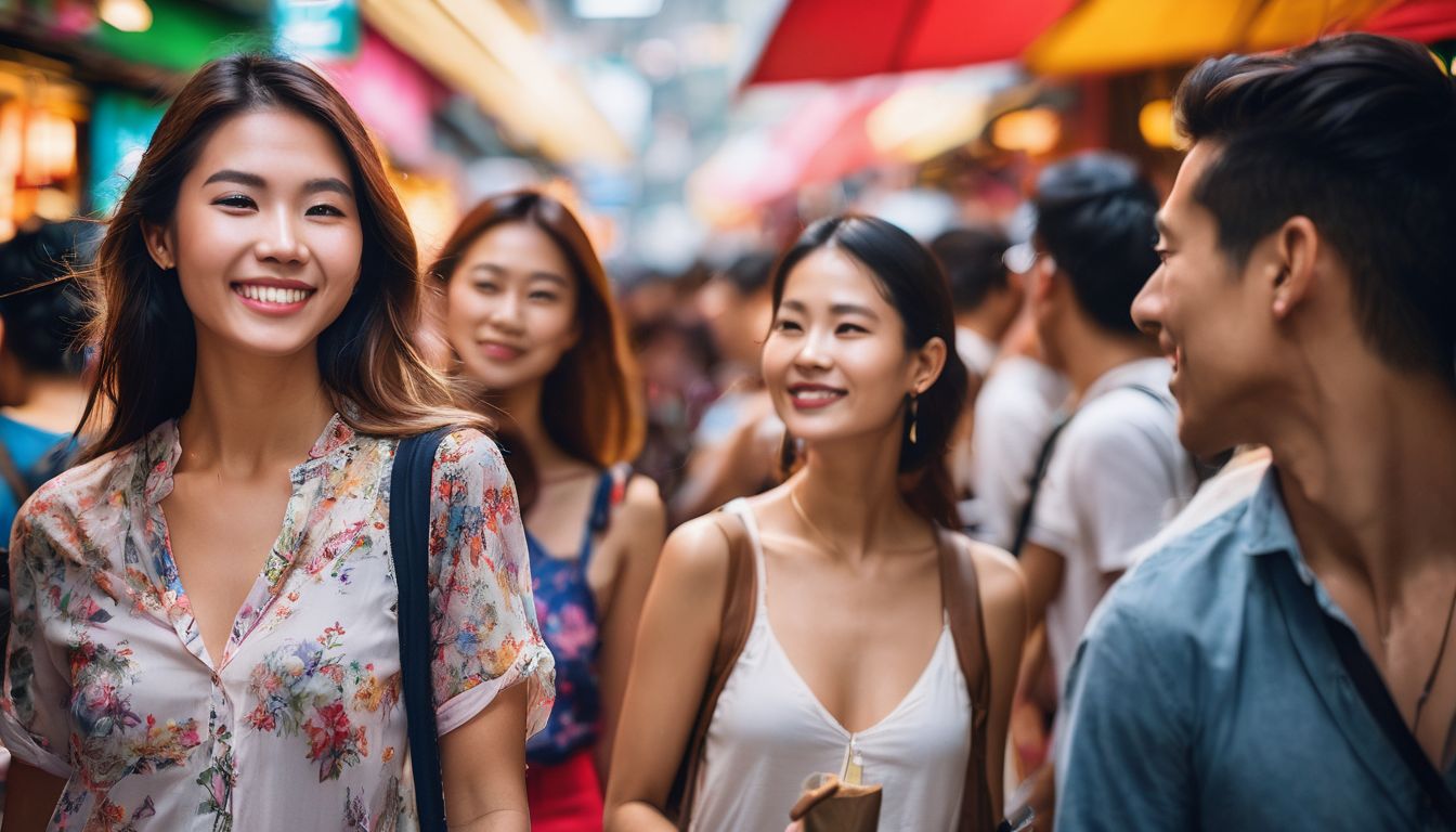 A diverse group of friends enjoying a vibrant shopping experience at Bugis Street in Singapore.