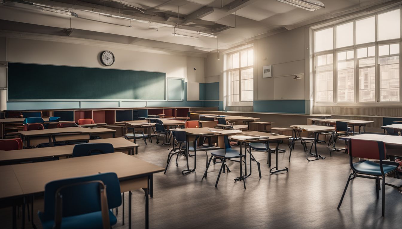An empty classroom with diverse students, captured in crisp detail, showcasing the atmosphere of learning and education.