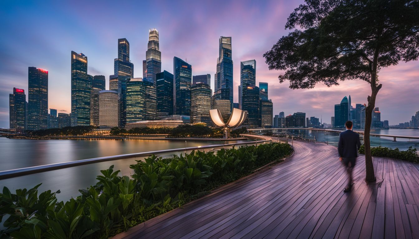 A panoramic view of the skylines of Singapore and New York City at dusk, capturing the bustling atmosphere of the cities.