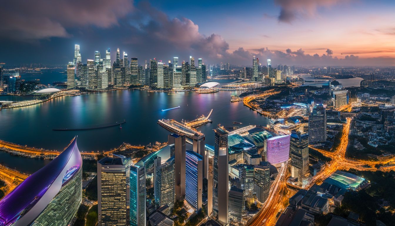 A stunning panoramic view of Singapore's modern skyline juxtaposed with New York City's iconic skyline.