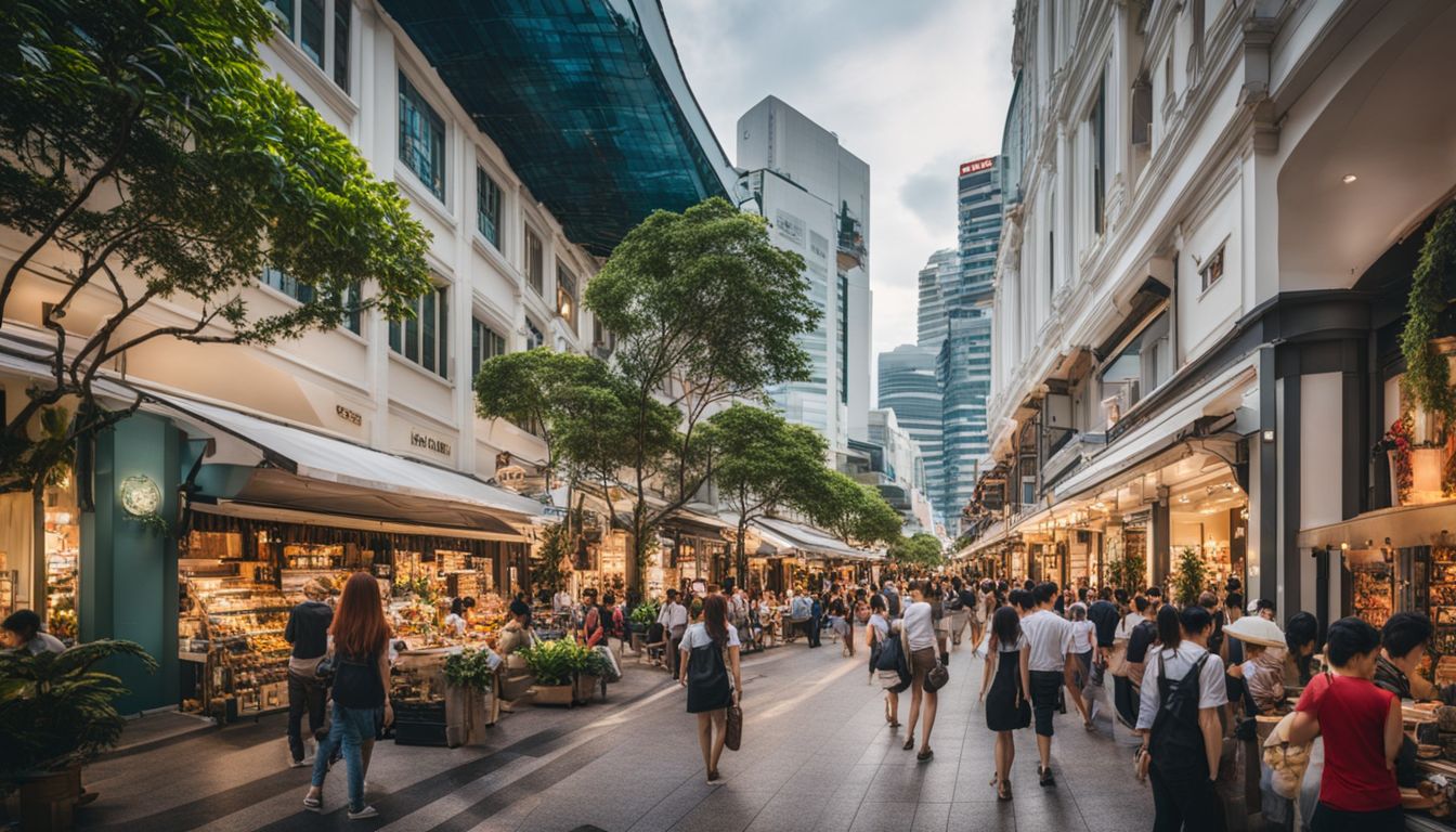 A busy shopping street in Singapore with high-end retail outlets and a diverse crowd.