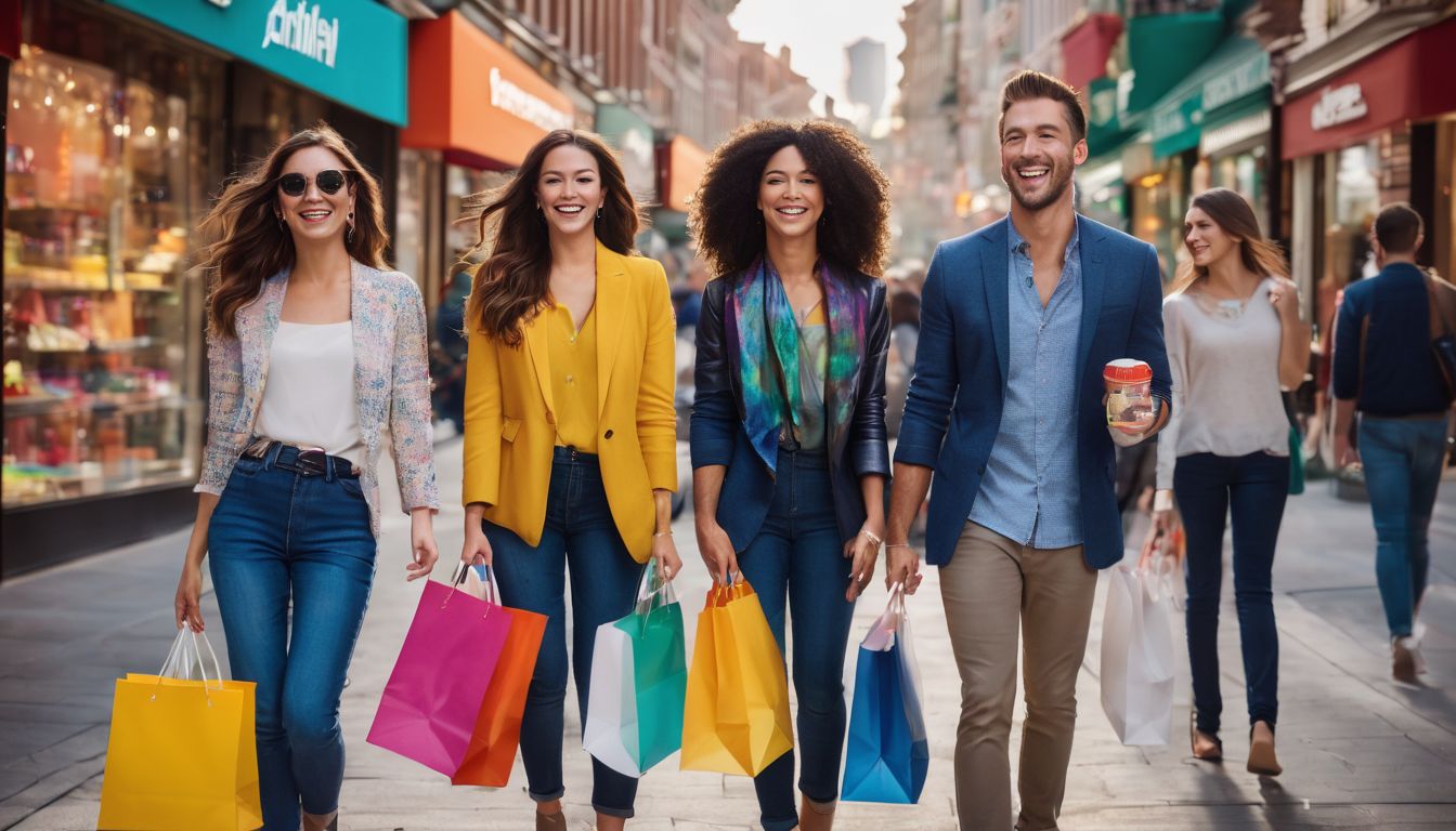 A diverse group of shoppers in a bustling city, smiling and holding shopping bags.