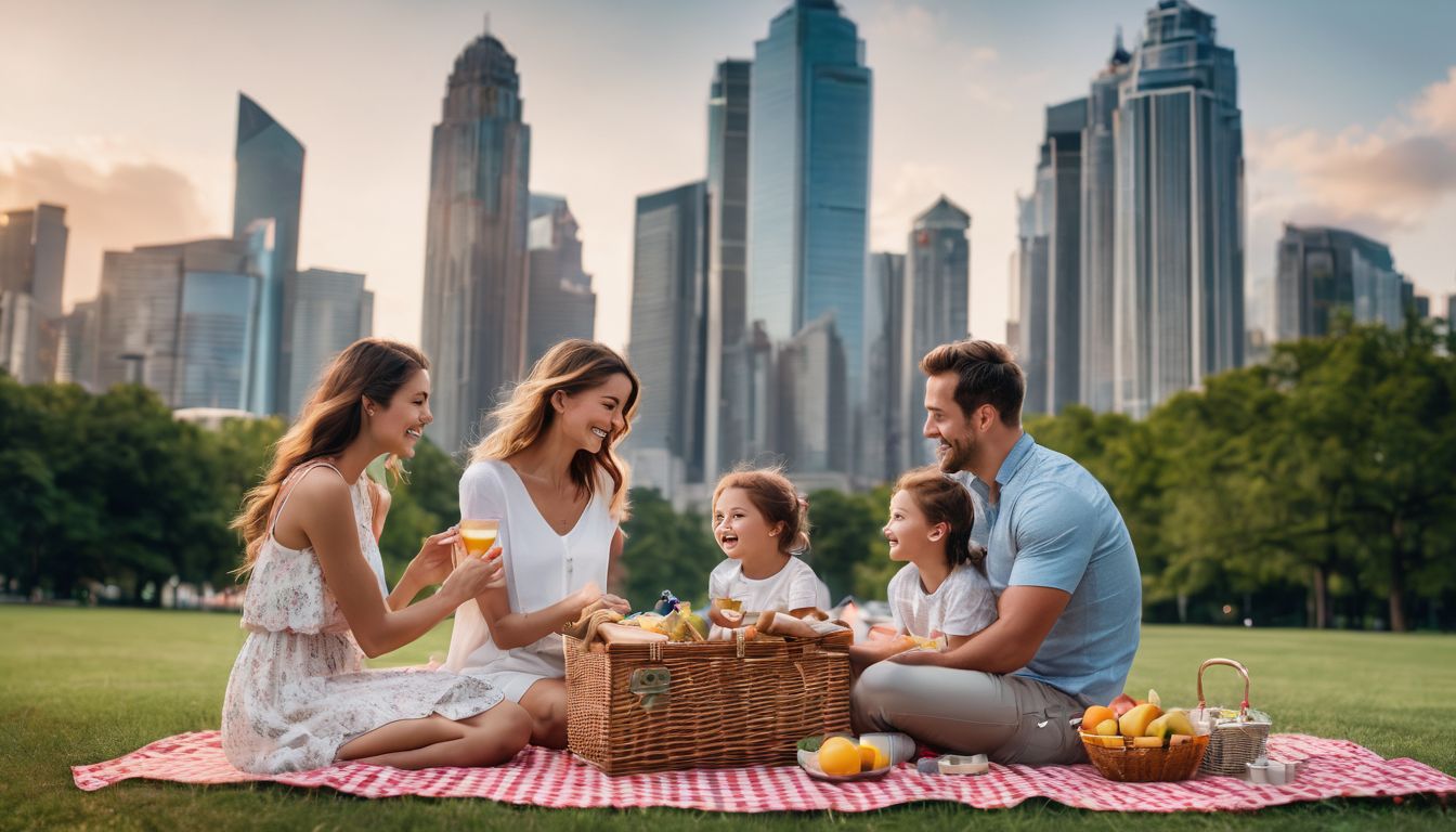 A family enjoying a picnic in a park surrounded by skyscrapers, captured in a high-quality photograph.
