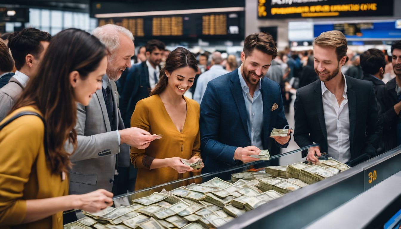 A diverse group of people exchanging currency at a bustling international airport.