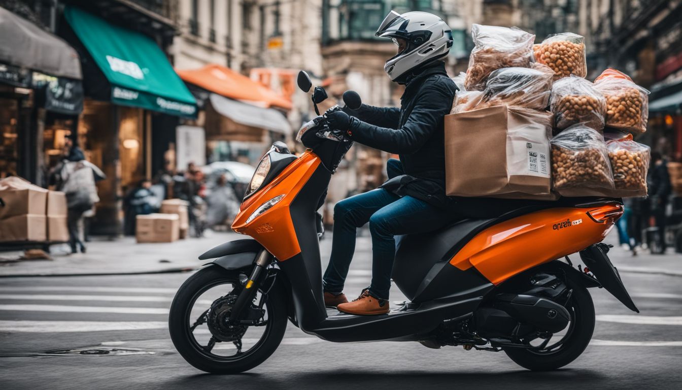 A delivery rider on a scooter surrounded by food delivery bags in a bustling cityscape.
