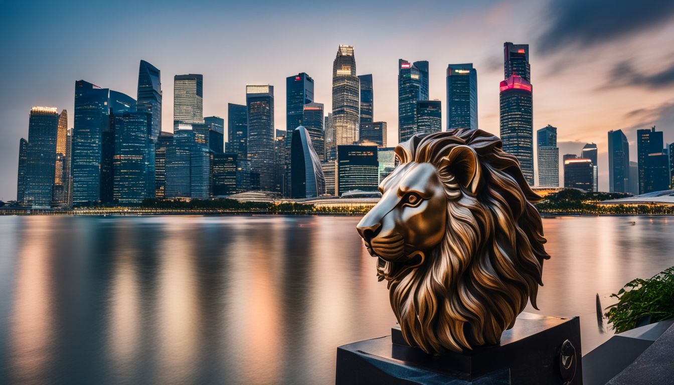 The lion head symbol is displayed on a banner against the backdrop of the Singapore skyline.