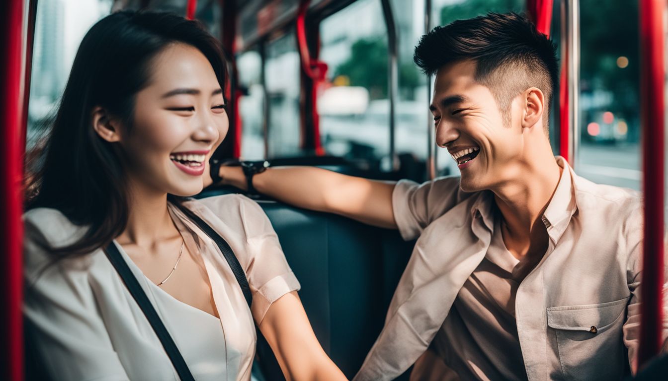 A young woman and man share a joyful moment while riding a bus in Singapore.