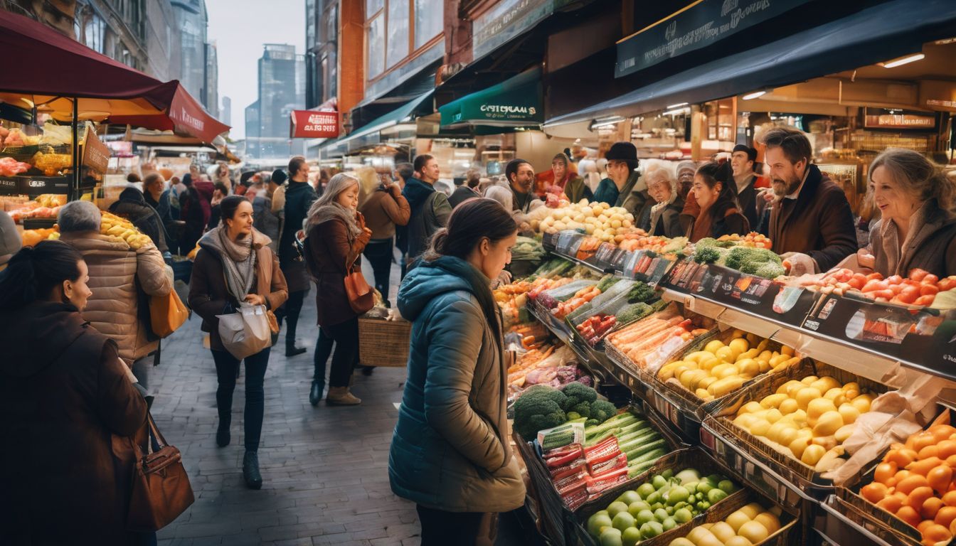 A diverse group of people shopping for groceries in a bustling city market.