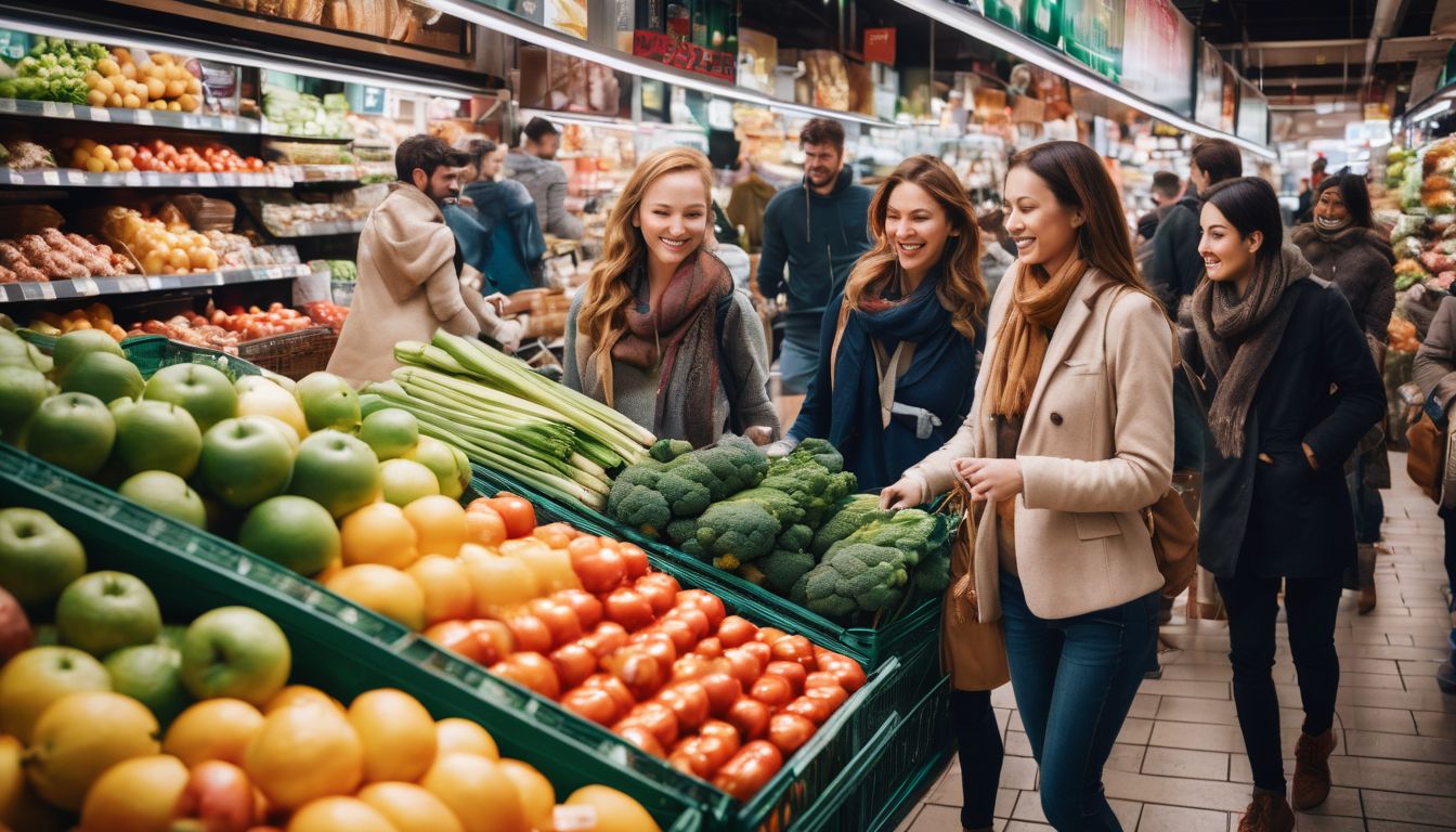 A diverse group of people shopping for groceries in a bustling market.