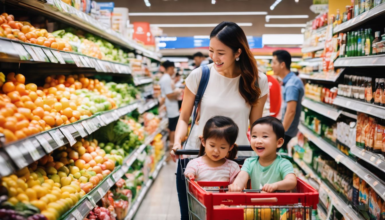 A family grocery shopping in a Singapore supermarket with higher prices compared to the USA.
