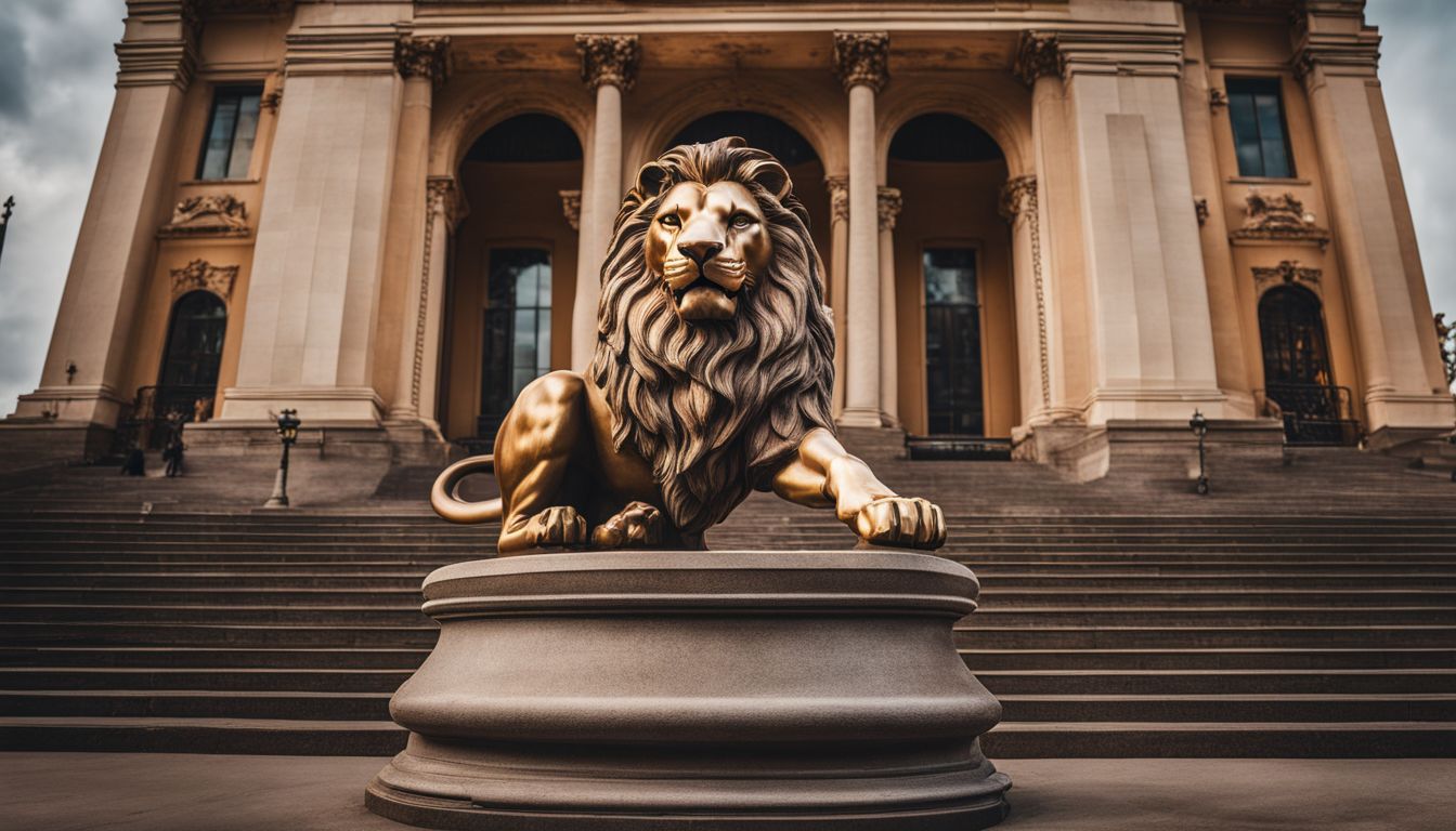 A photo of a lion head statue in front of a grand entrance, capturing a bustling cityscape with a variety of faces, hairstyles, and outfits.