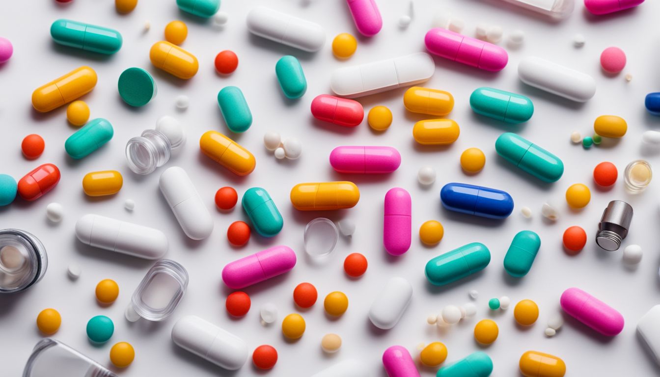 A photo of colorful pills and medical supplies neatly arranged on a white background.