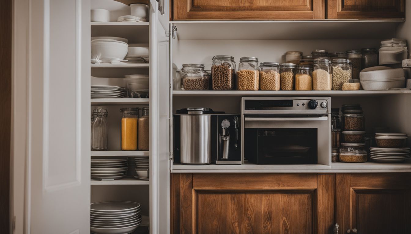 A photograph of a sparsely stocked kitchen cupboard, depicting limited food supplies.