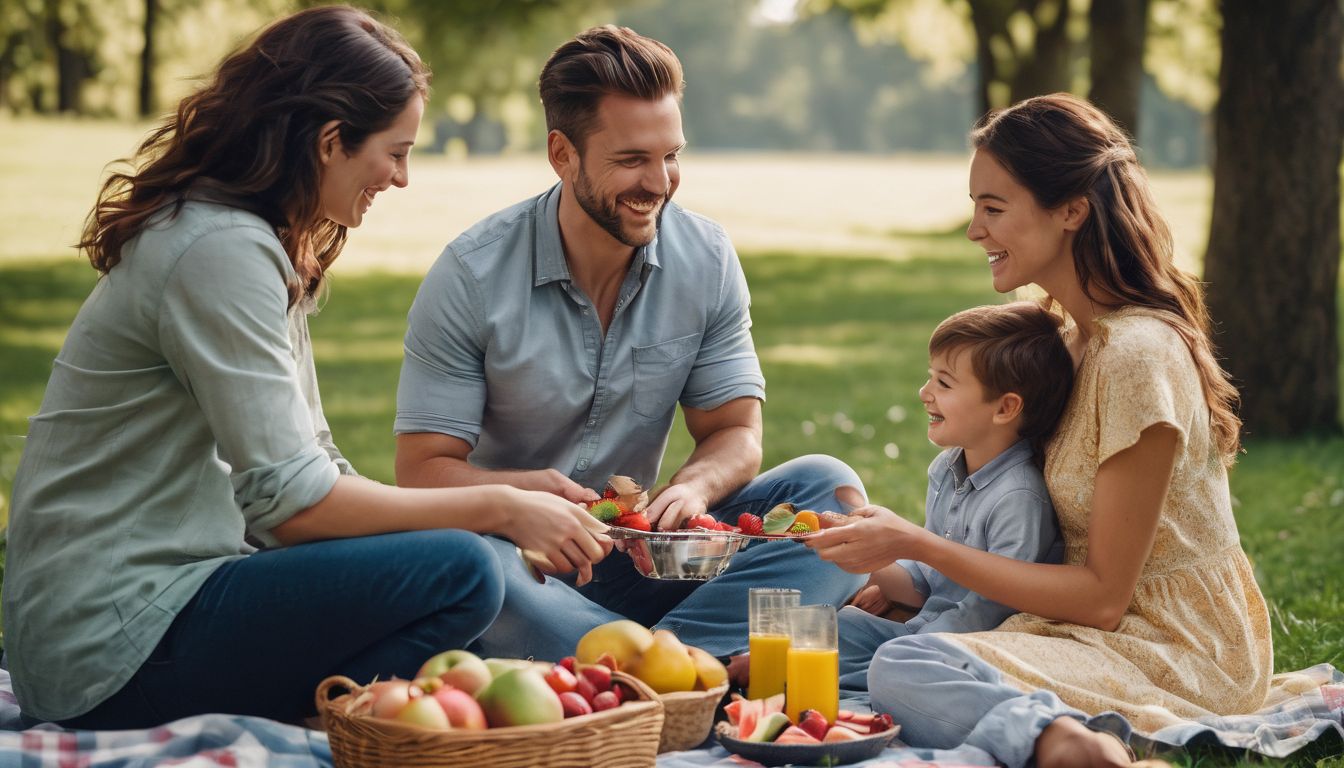 A joyful family enjoys a picnic in a vibrant park setting, captured in high-quality photography.