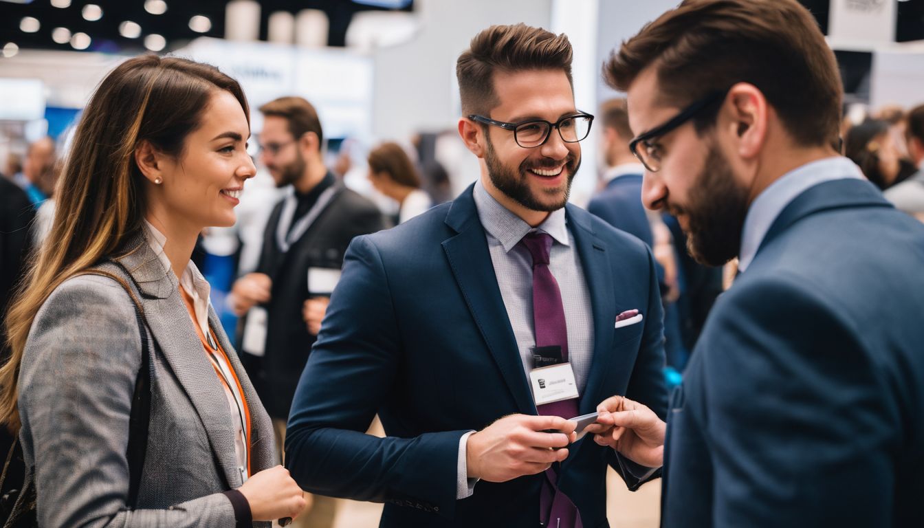 A diverse group of professionals networking at a bustling career fair.