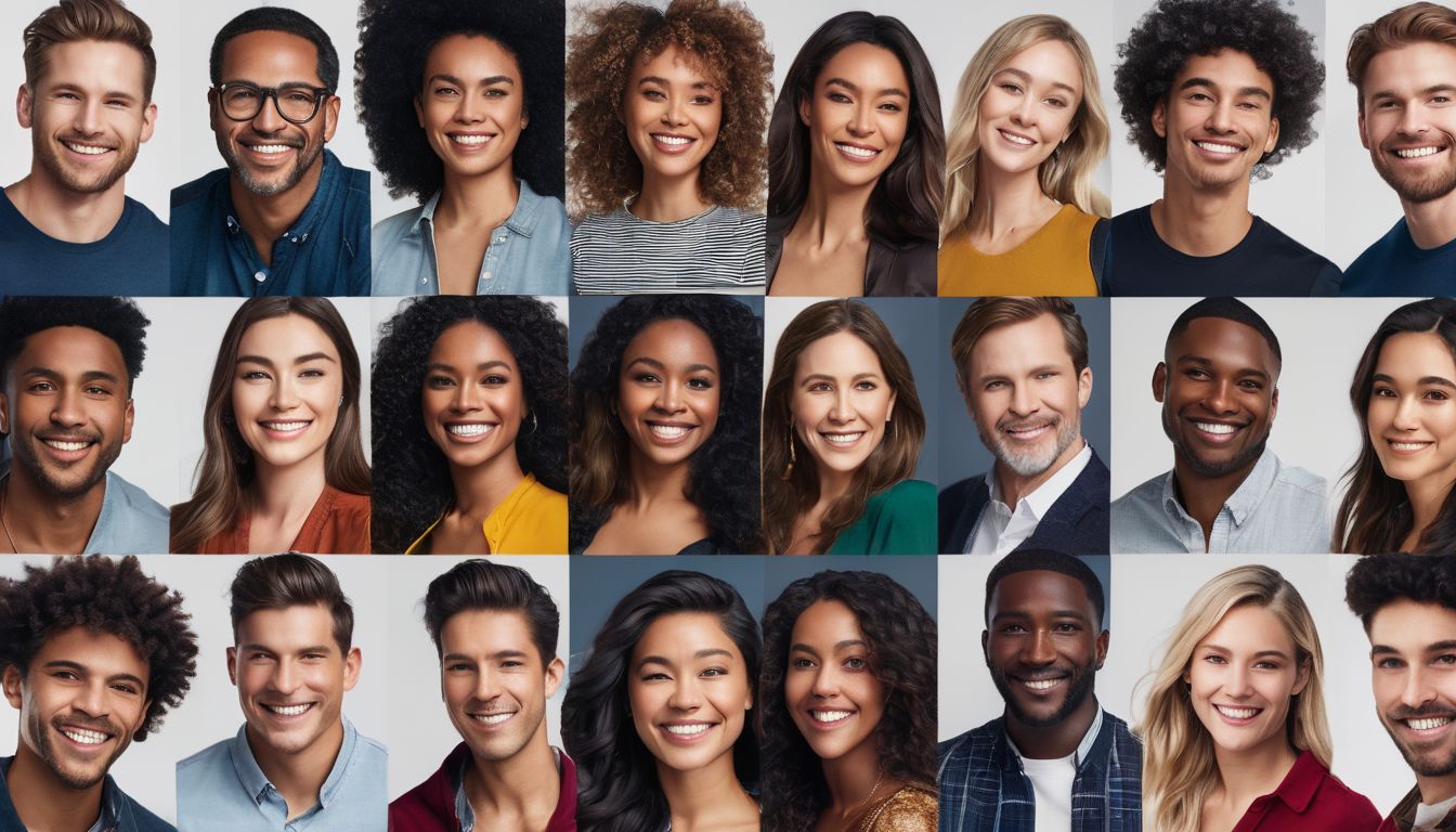 A diverse group of people from various backgrounds stand together in unity, captured in a highly detailed and vibrant photograph.
