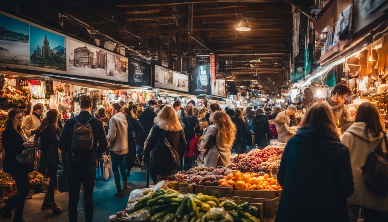 Shoppers explore discounted items at a bustling market, captured in a vibrant and detailed photograph.