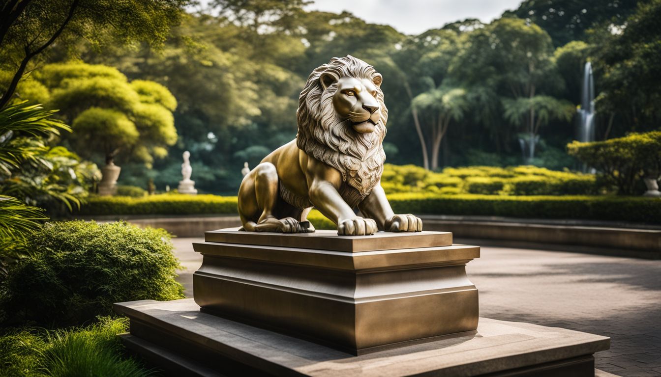 A statue of an Asiatic lion overlooks a serene Singaporean garden in a bustling atmosphere.