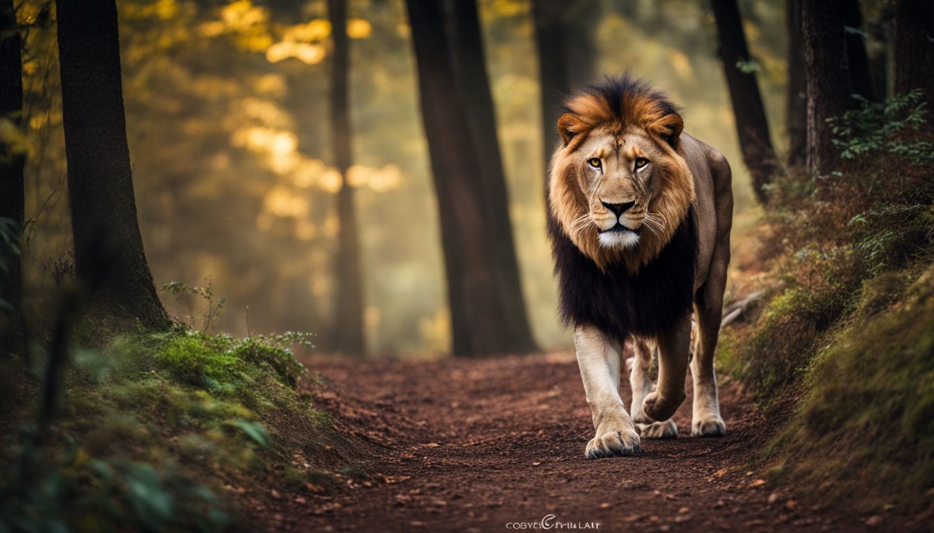 An elegant Asiatic lion walking through a dense forest, captured in stunning detail and clarity.