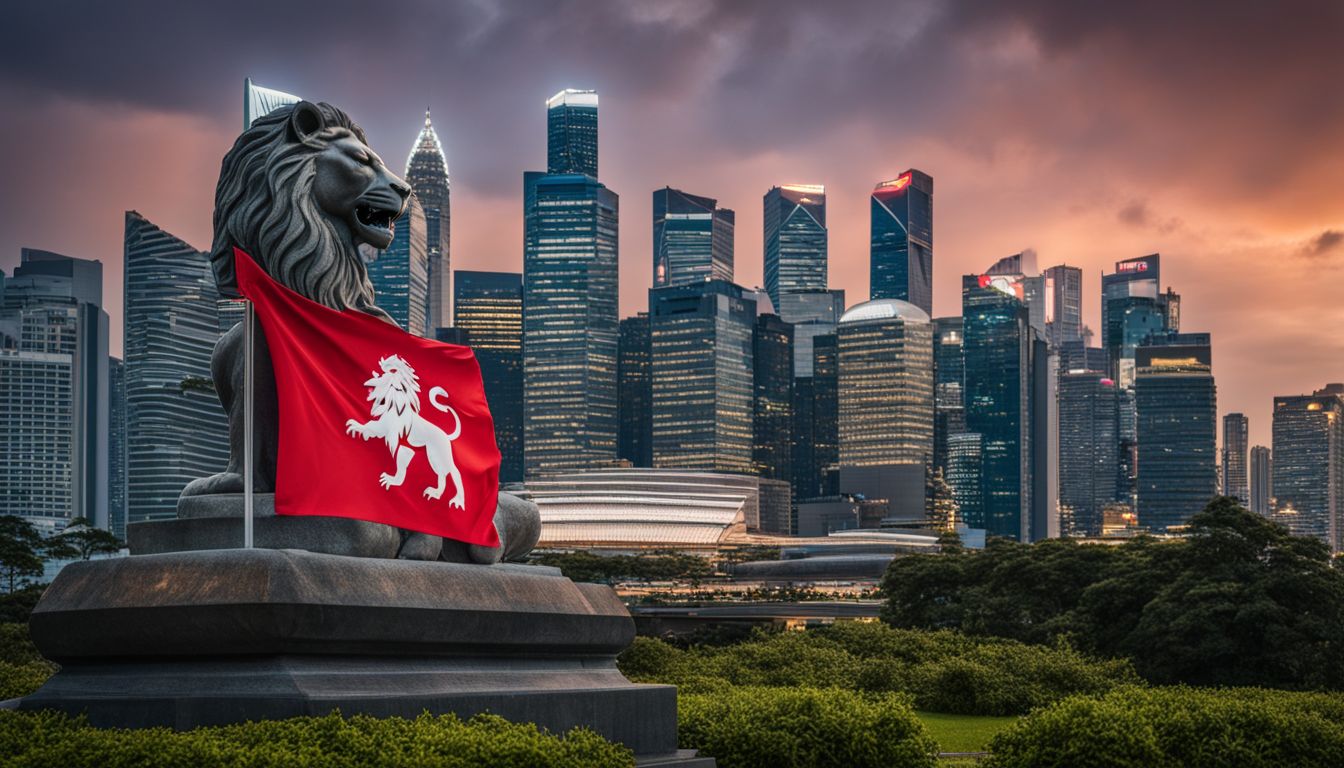A Singaporean flag with the Lion Head symbol is displayed against a city skyline backdrop.