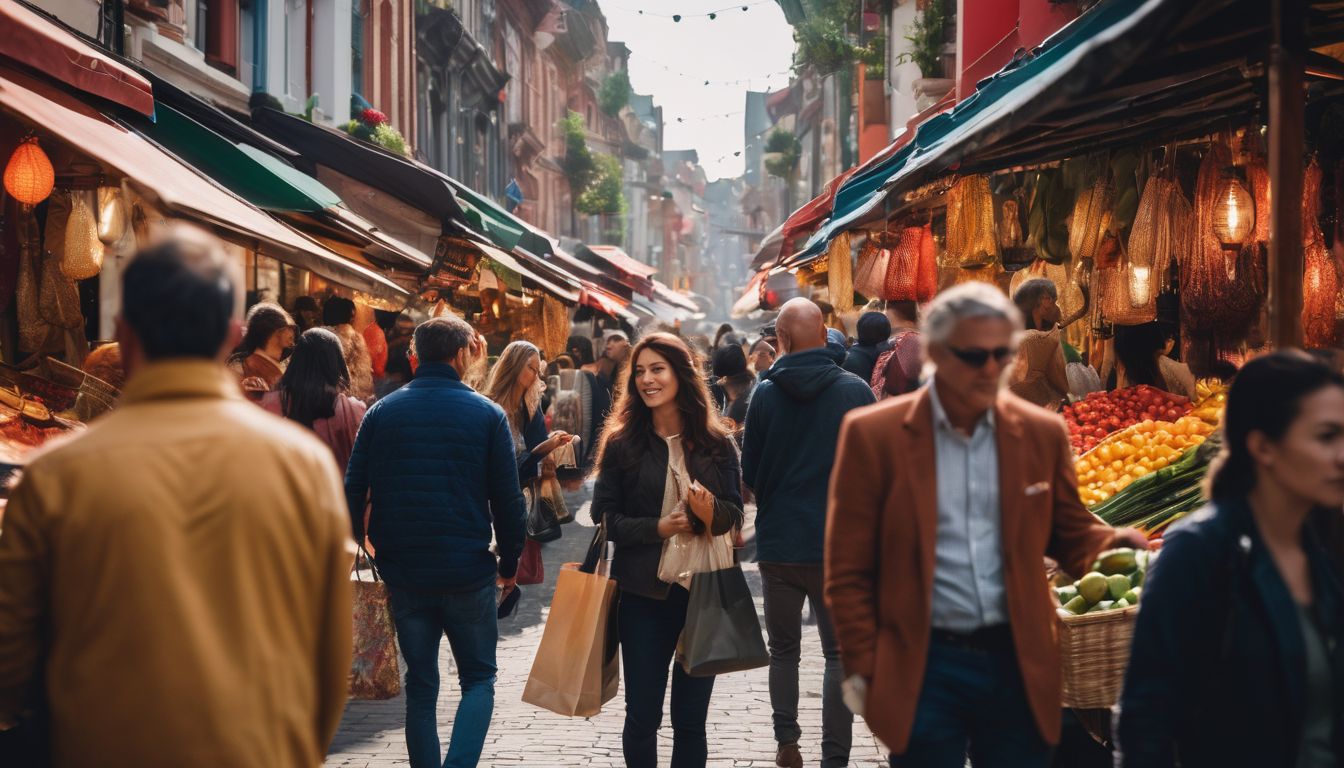 A diverse group of shoppers explore a vibrant street market, carrying shopping bags and enjoying the bustling atmosphere.