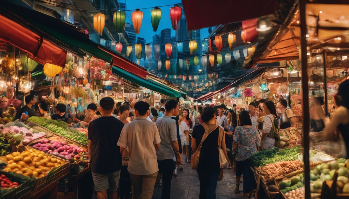 A diverse group of shoppers exploring market stalls in Singapore's bustling streets.