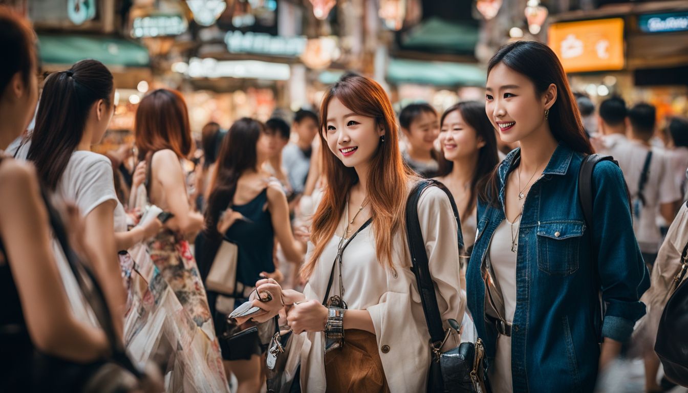 Tourists exploring the busy shops of Lucky Plaza in a vibrant cityscape.