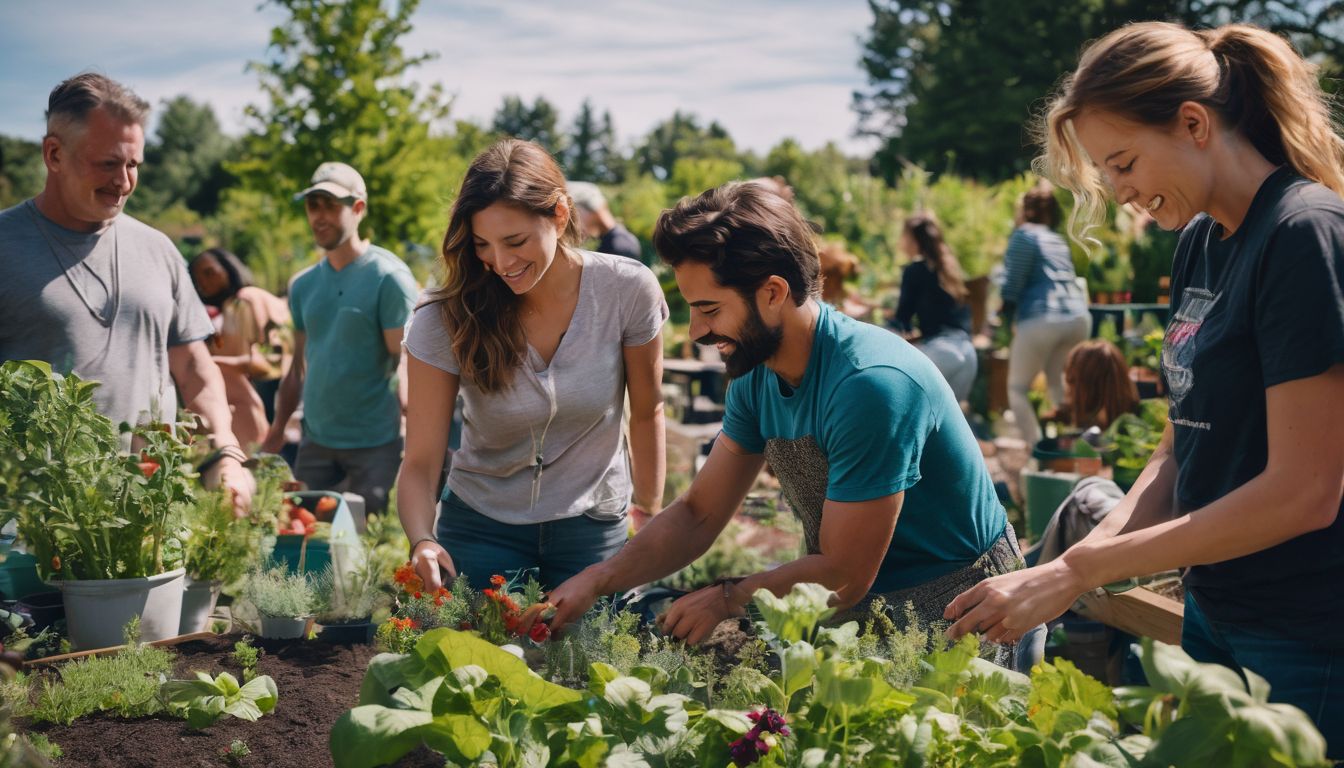 A diverse group of people working together in a community garden, captured with high-quality photography equipment.
