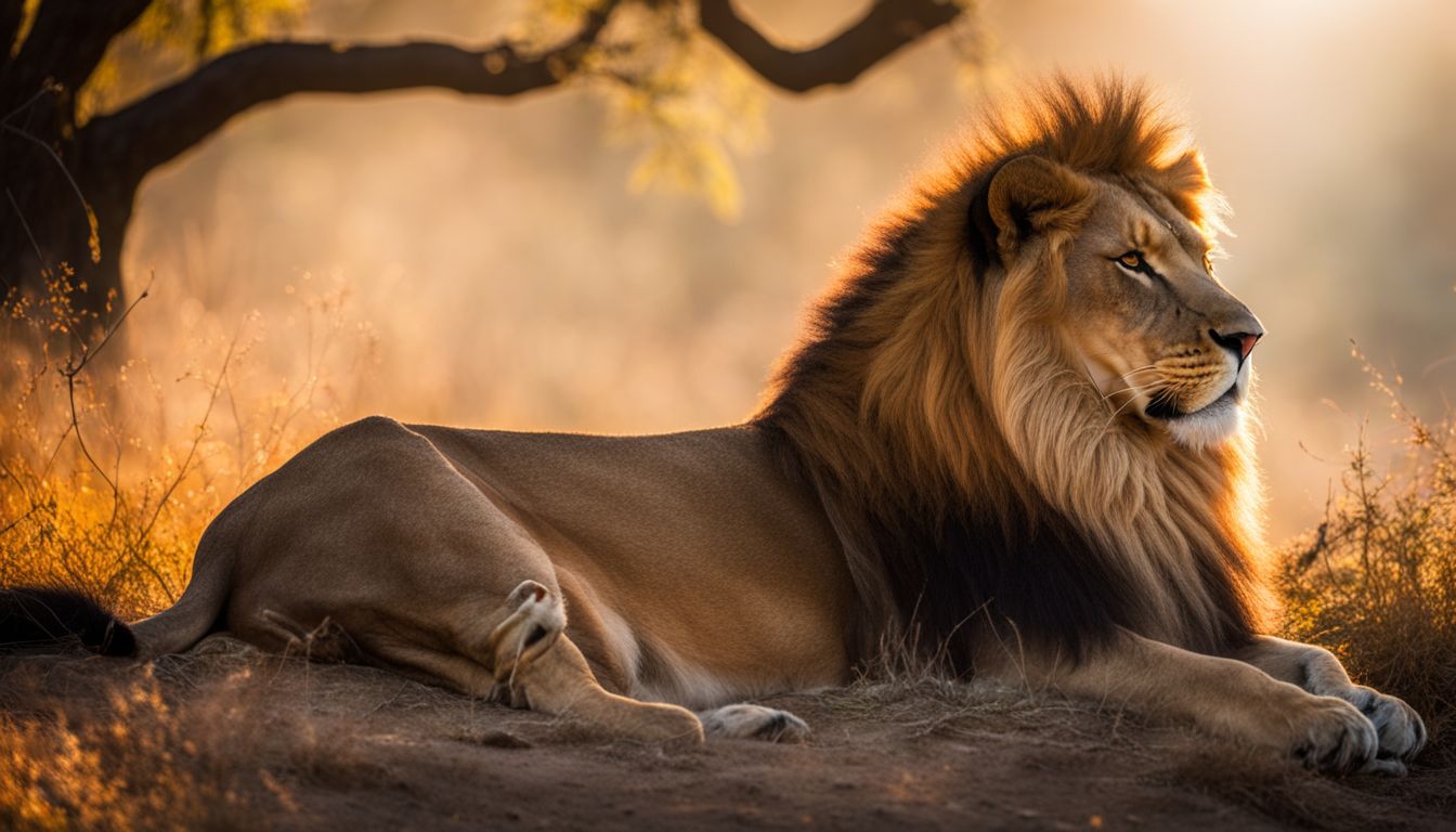 A stunning photograph of an Asiatic lion in the Gir Forest, showcasing its regal silhouette in the golden sunlight.