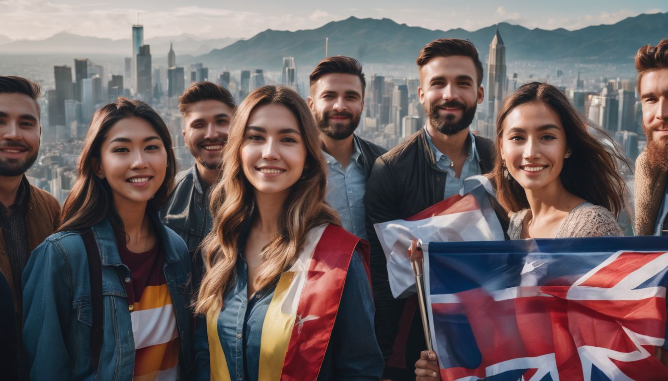 A diverse group of people holding flags and standing in front of a world map.