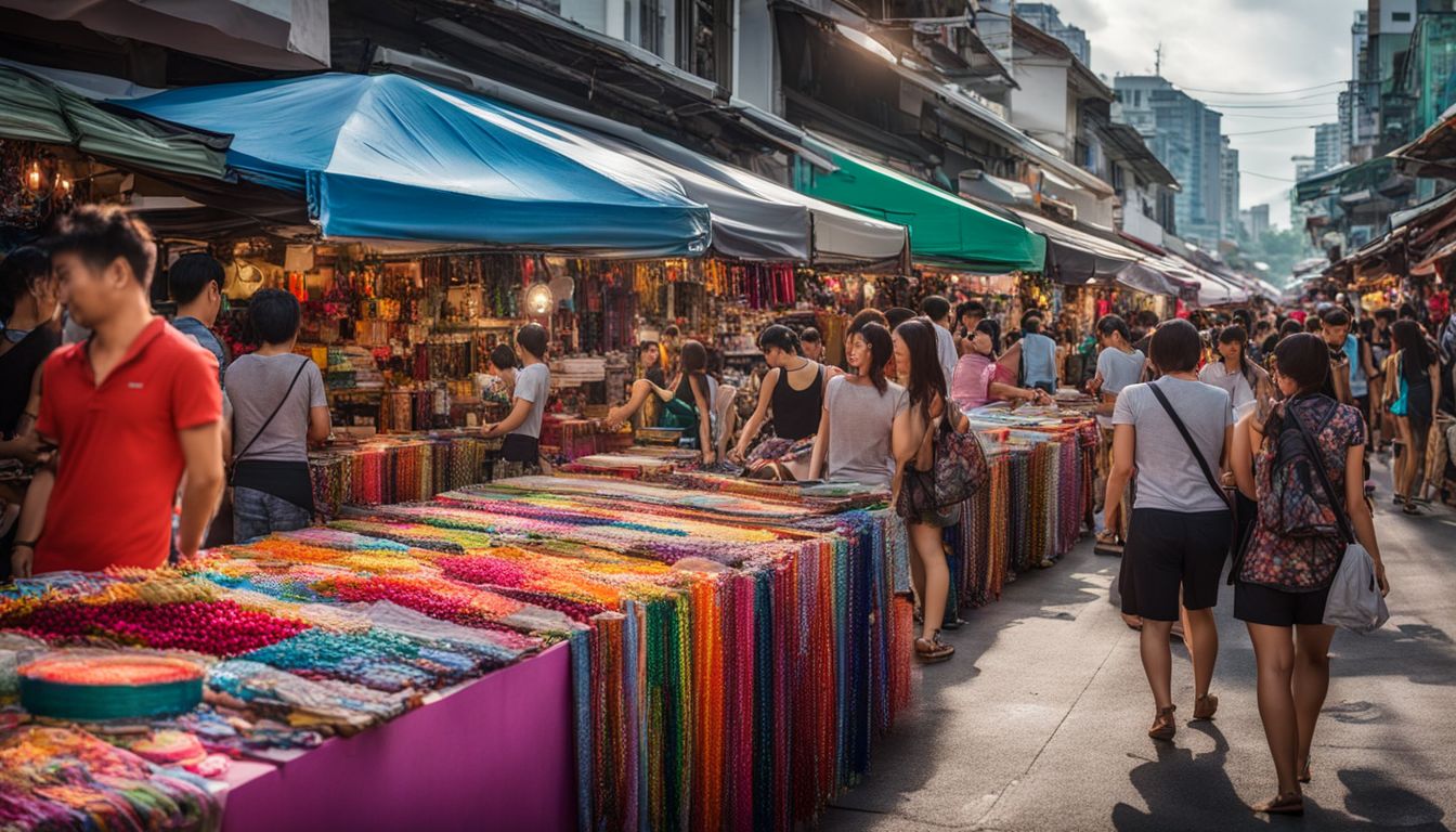 A vibrant market with a variety of colorful crafts and bustling atmosphere, captured in a clear, high-definition photo.