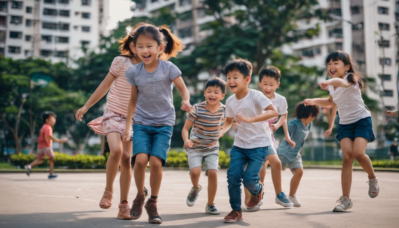 A group of diverse children playing together in a park with HDB flats in the background.