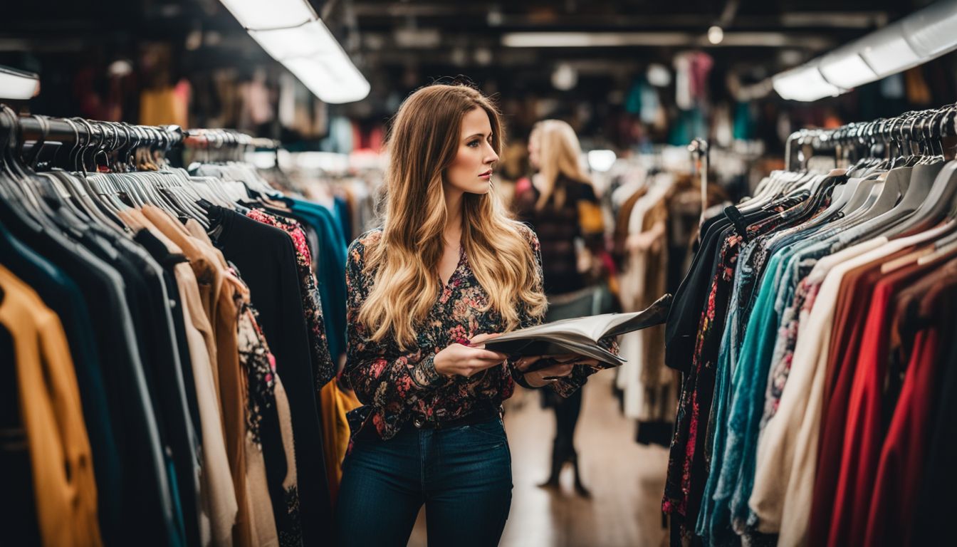 A woman is shopping for discounted clothing at a thrift shop.