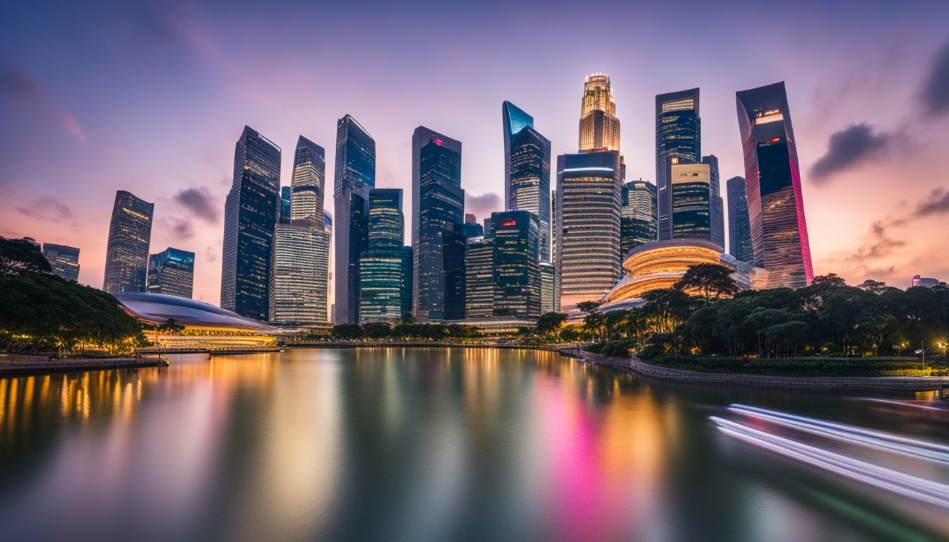 A panoramic view of the iconic Singapore skyline at dusk with a variety of people and different outfits.