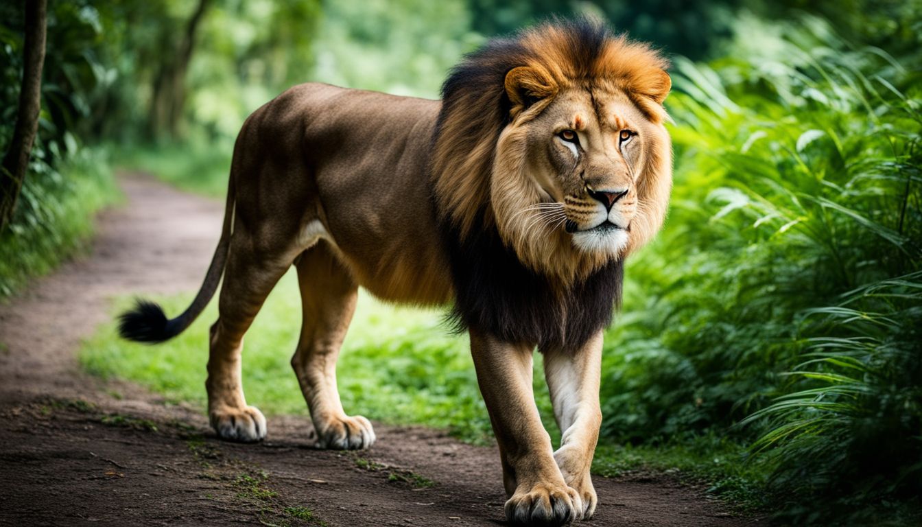 A majestic Asiatic lion confidently walks in Singapore's lush national park.