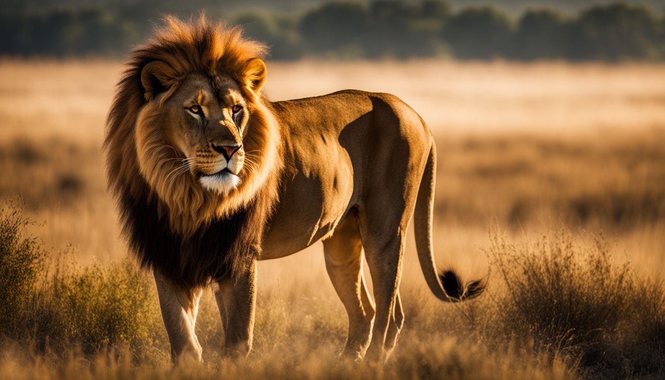 A stunning photograph of a majestic lion standing proudly in the savannah.
