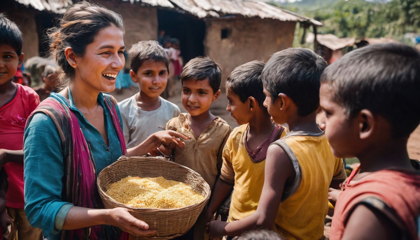 An NGO worker distributing food to children in a poverty-stricken community captured in a documentary-style photograph.