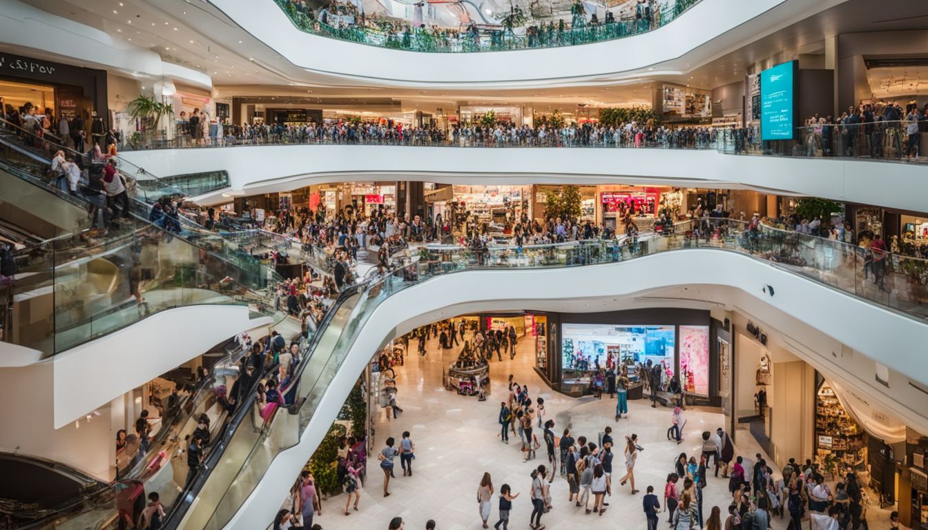 A crowded shopping mall during a Singapore shopping festival, capturing a bustling atmosphere with diverse faces, hairstyles, and outfits.