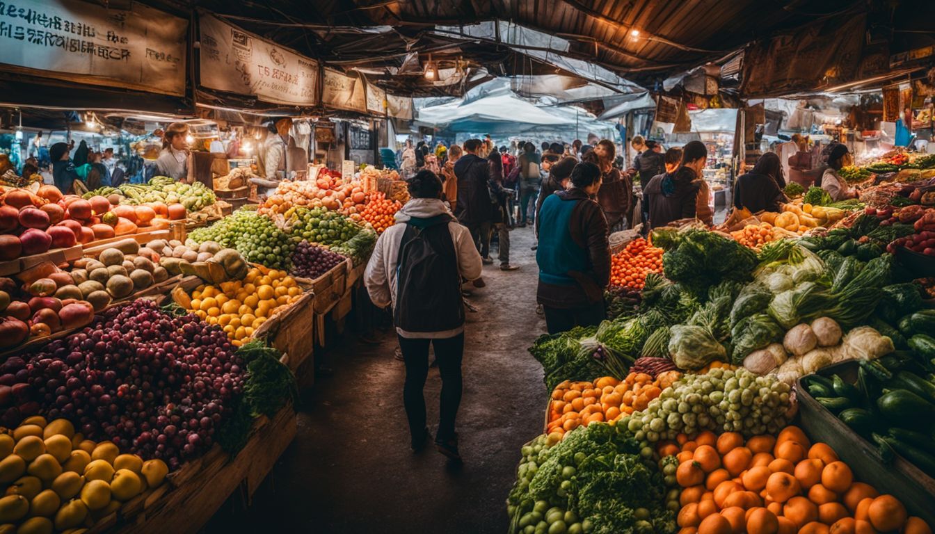 A vibrant and bustling local market featuring a colorful array of fruits and vegetables.