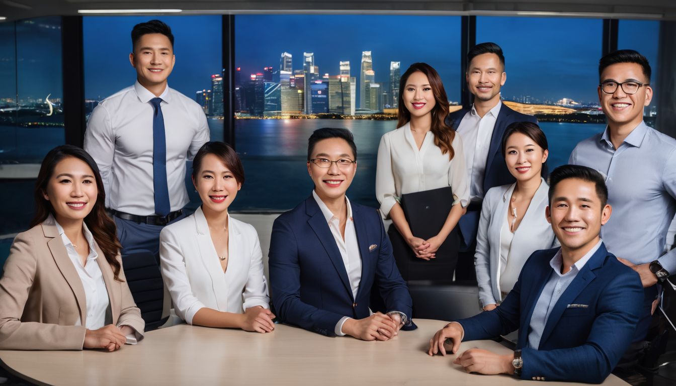 A diverse group of professionals in an office setting with the Singapore skyline in the background.