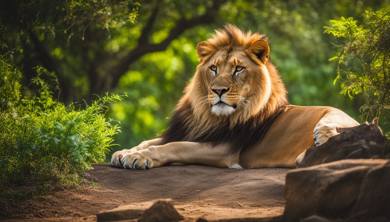 A majestic Asiatic lion resting in the lush green forests of Gir, captured in stunning detail.