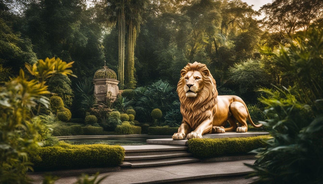 A stunning lion sculpture in a botanical garden, surrounded by various people with unique styles and expressions.
